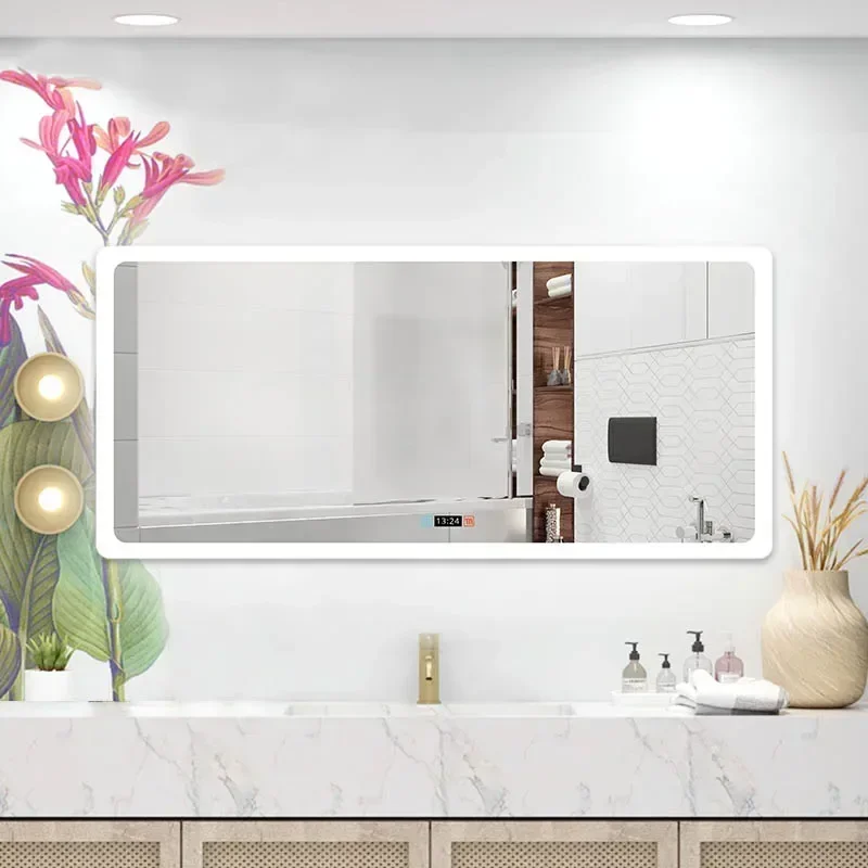 Cheap And Fine Modern Style Rectangular Time Display Mirror Bathroom Customized LED Backlit Defogger Smart MirrorHot Sales