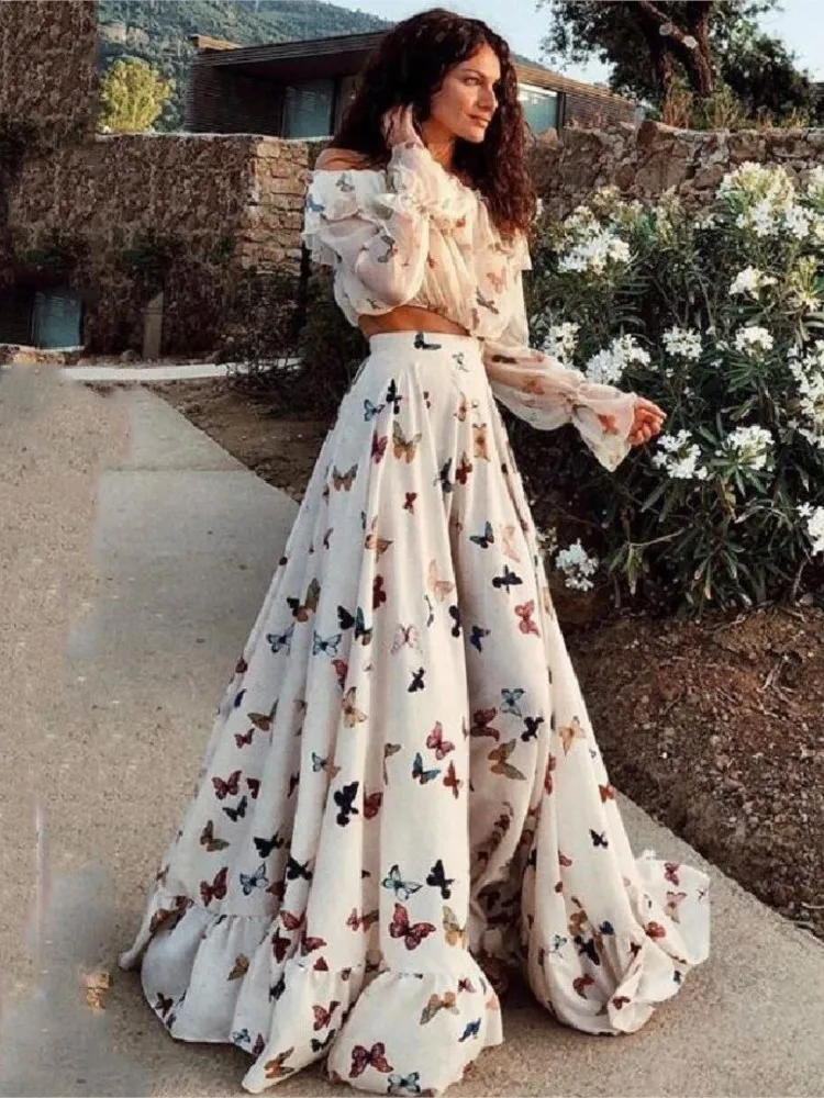 

Summer Butterfly Printing 2-piece Set Fashion Elegant Bohemian Beach Vacation Long Sleeve Cropped Tops And Long Skirts Two Piece