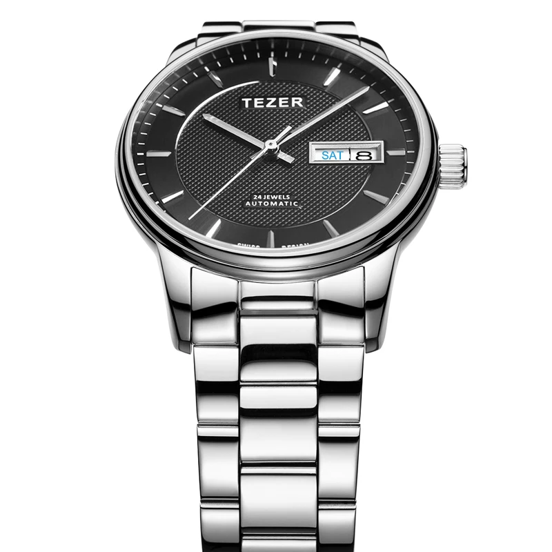 TEZER Men Automatic Watch | Stainless Steel Band | Black Textured Dial | Day Date Window 50M Waterproof Wristwatch