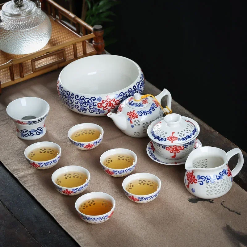 11PCS Hollow Honeycomb Kung Fu Tea Set Blue and White Porcelain Drinkware Ceramic Glass Teacup Teapot Gaiwan Strainer Fair Cup