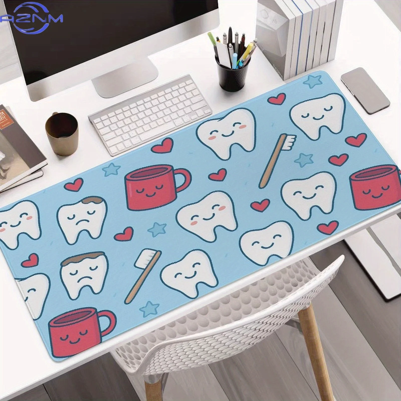 Oversized Non-Skid Mouse Mat - Extra Broad Desk Cover Featuring Adorable Teeth, Hearts & Cups Design, Non-Slip Base for Gaming,