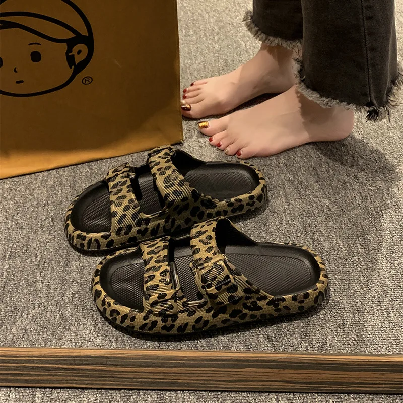 Leopard Soft Sole Pillow Slippers for Women Double Buckle Thick Platform Cloud Slides Sandals Woman Summer Non-Slip Flip Flops