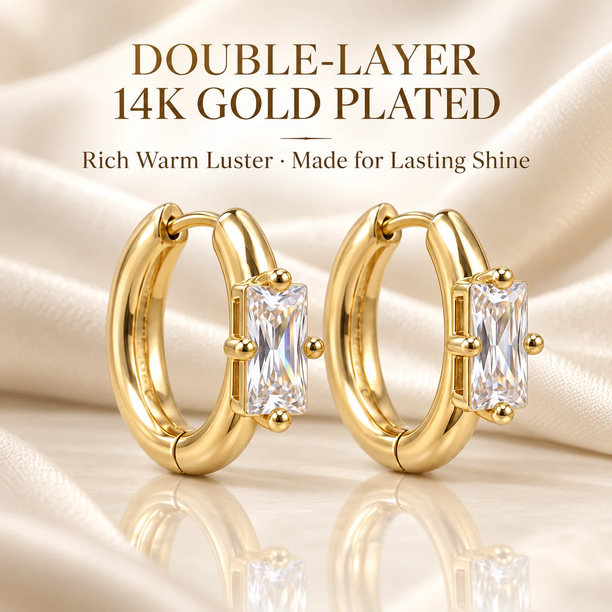 Moonmory Original Design Smaragdschliff CZ Huggie Creolen für Damen, 14K vergoldetes Messing, minimalistischer Ohrring, Schmuck Großhandel – Detail 5