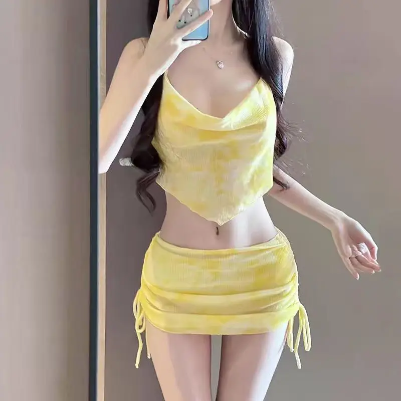 Women 3PCS Macaron Tie Dye Bikini Set Open Back Criss Cross Drawstring Swimwear Bathing Suit for Summer Beach Holiday Travel