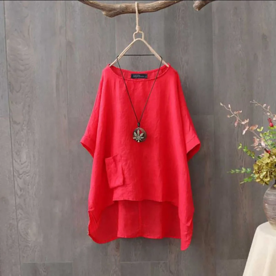 Nice 2025 Woman Women's Clothing Summer Tops Fashion Round Neck Pocket Solid Color Irregular T-shirt Women's Shirt Ins T-Shirts