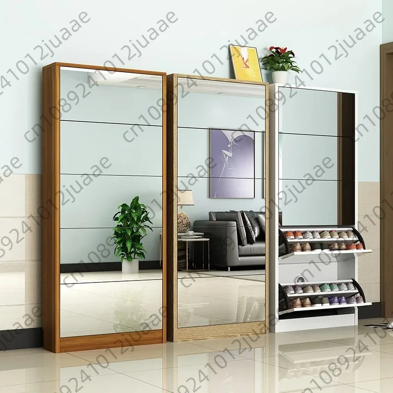 Wooden Shoe Cabinet with Mirror, Rotating Door Shoe Rack Storage Organizer, 65*17*170cm, Modern Home Corridor Cabinet