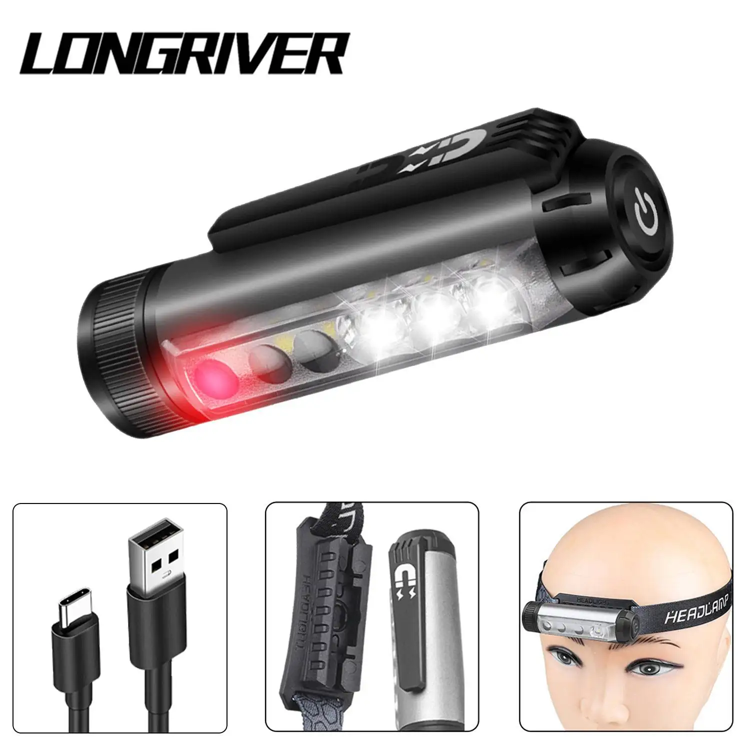 

LONGRIVER T13 Pocket Flashlight Mini LED Headlamp Flashlight with Magnetic Pen Holder USB Charging Cap Clamp Light 8 Modes