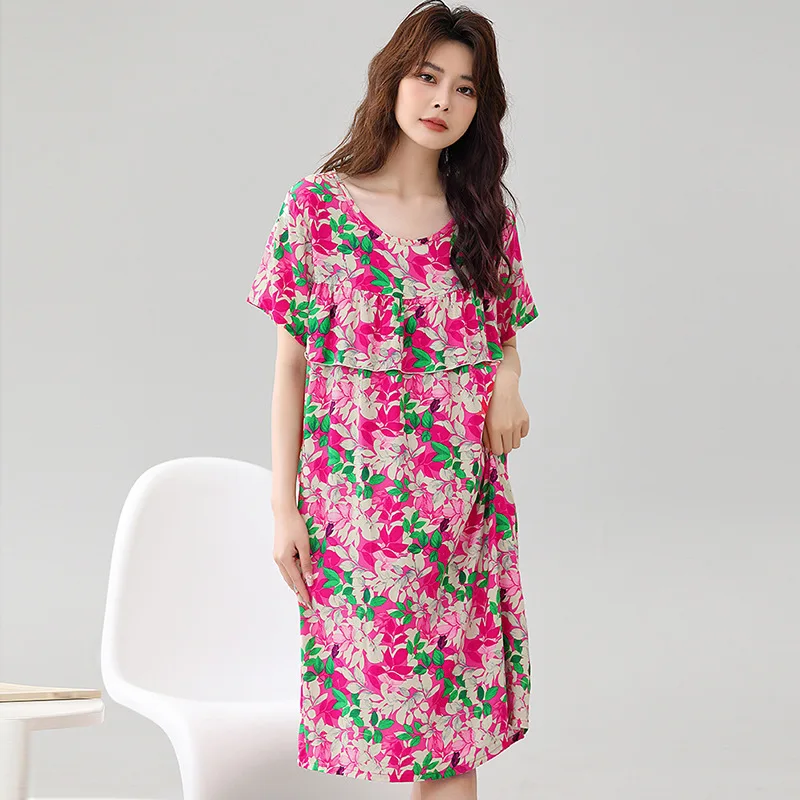 

New Short Sleeve Sleepwear Plus Size Homewear Ruffled Nightdress Summer Women's Nightwear Sweet Printing Nightgowns Outside Wear