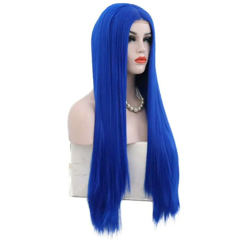 파란색 합성 긴 직선 내열성 앞면 레이스 가발 여성 코스프레 가발 미국
