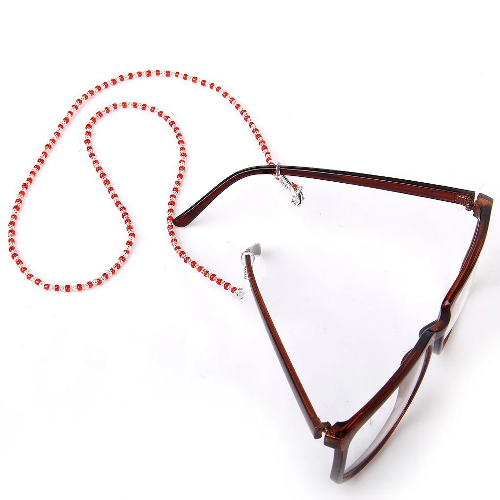 

60cm Long Eyeglass Chain Red Clear Crystal Beaded Super Strong Flexible Steel Cable Adjustable Rubber Grip Neck Holder Sunglass