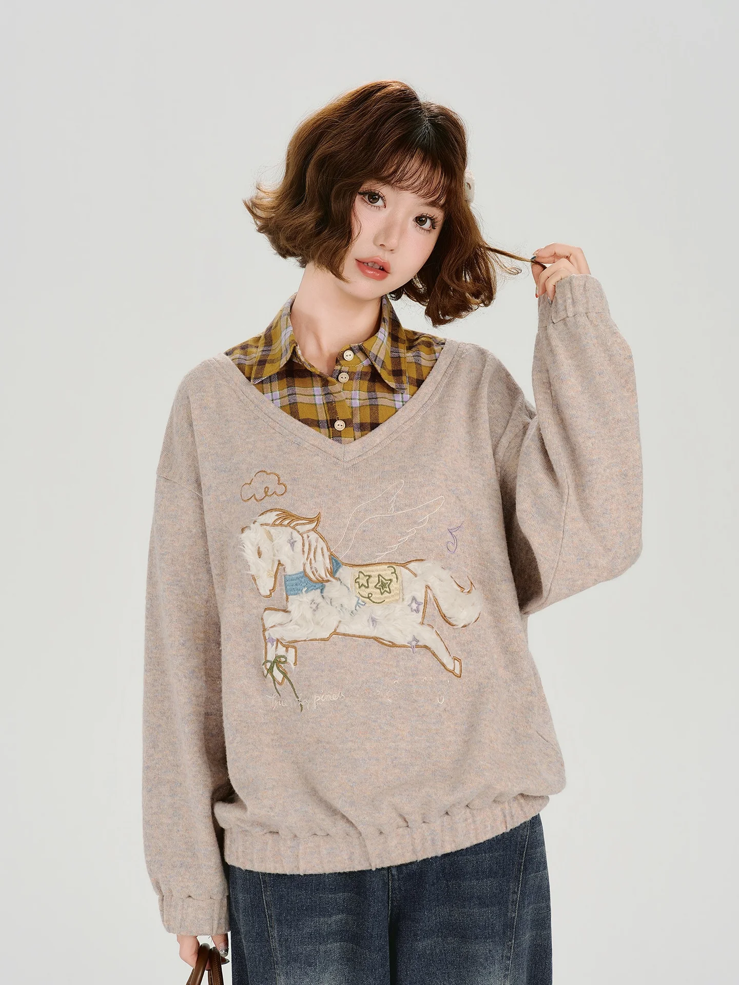 

Girlyhalo American Retro Print Long Sleeve Sweatshirt Women's Autumn Winter Thickened Loose Top Fake Two-Piece Knittedwear