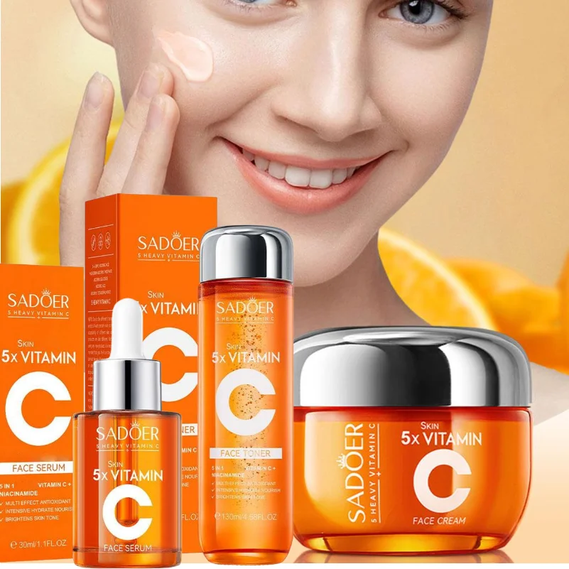SADOER 5x Vitamin C Skincare Set - Brightening Face Serum, Toner & Moisturizing Cream, Hydrating  Korean Beauty Essentials