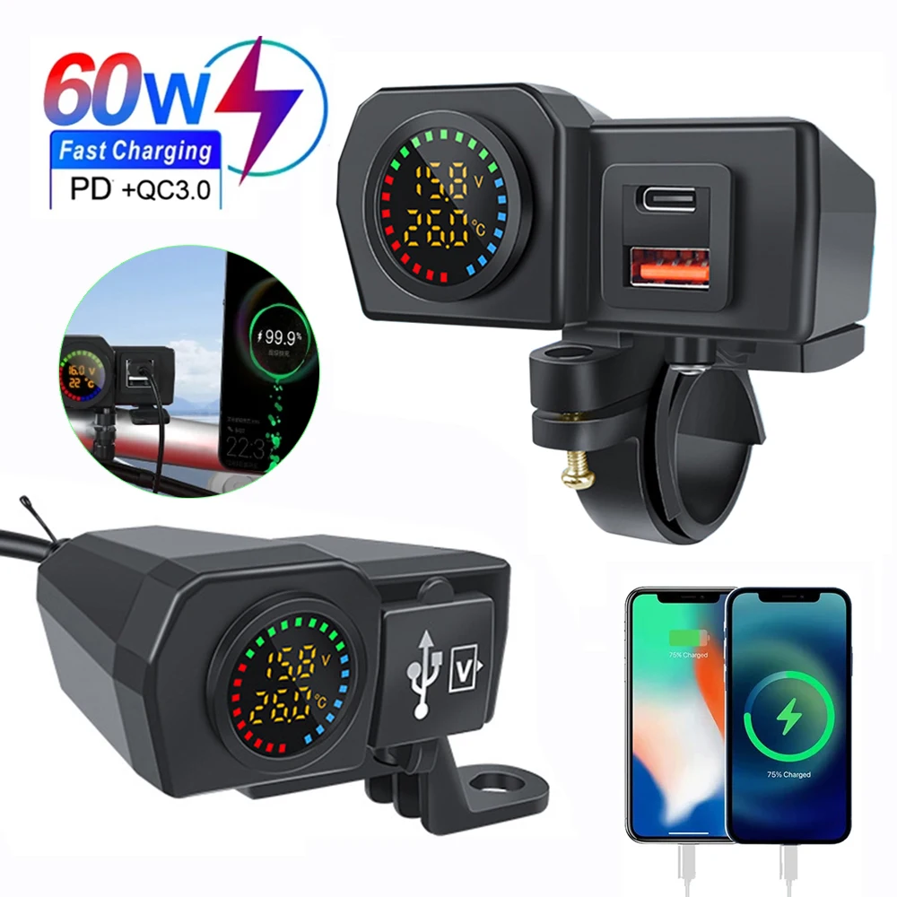 

PD QC3.0 Motorcycle USB Fast Charger Waterproof Type C Port Socket With Digital Voltmeter Thermometer Phone Power Adapter