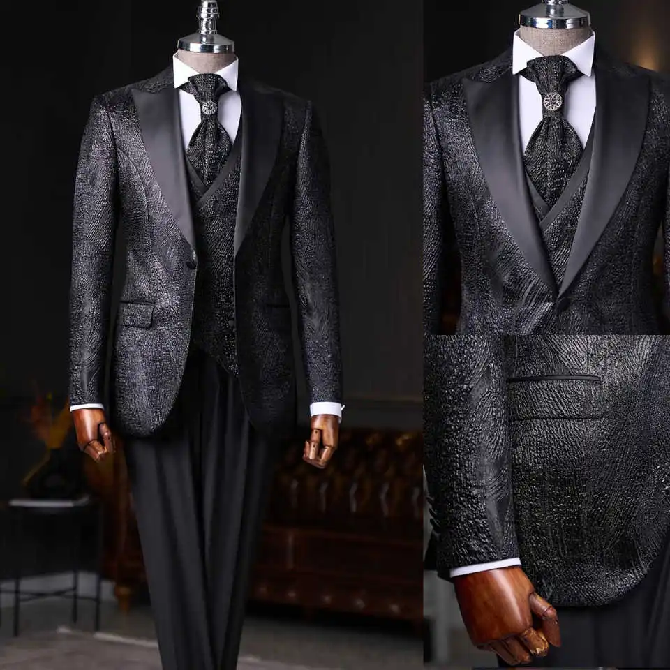 

Мужские костюмы на заказ, комплект из трех предметов, жаккардовый пиджак, брюки, однобортный однобортный свадебный формальный костюм на заказ, большие размеры