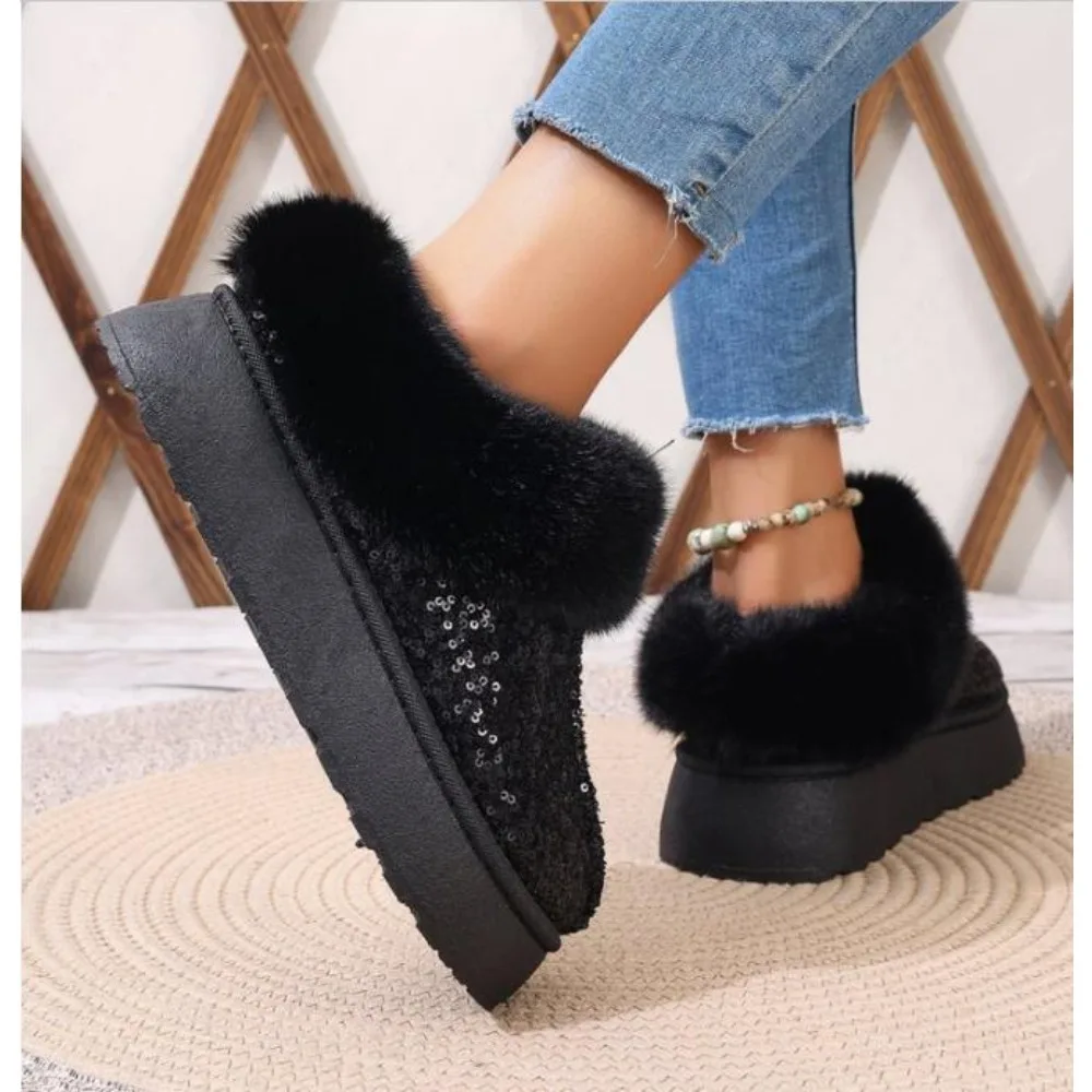 Soft Fur Women\'s Shoes Platform All-Match Round Toe Crystal Casual Female Sneakers Clogs Moccasin New Glitter Winter Snow Boots