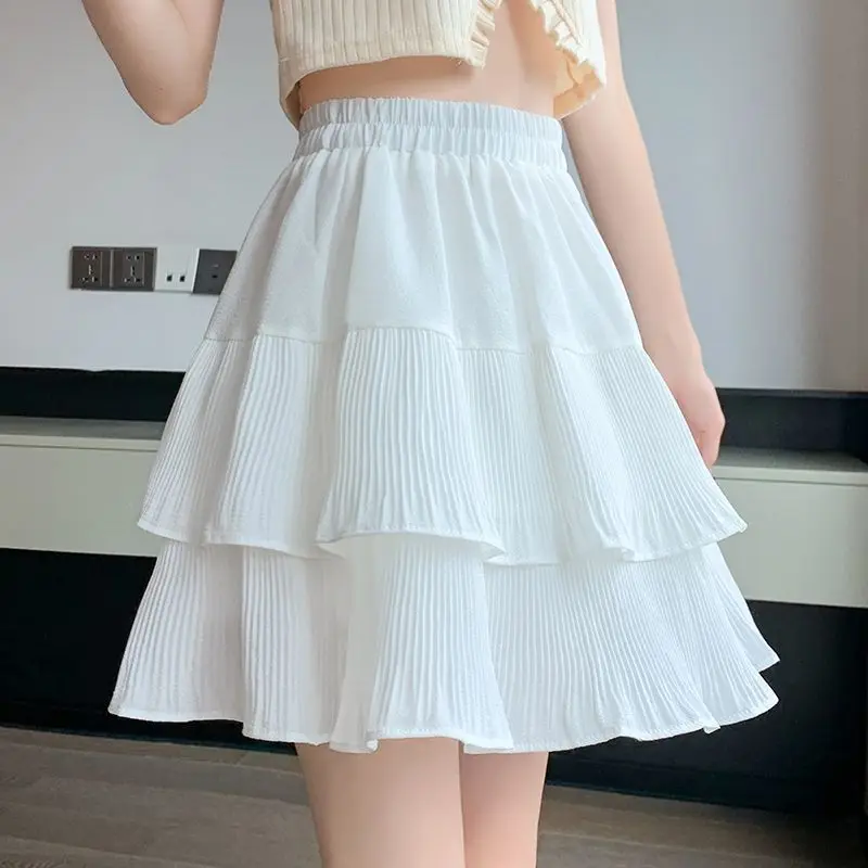 

White Ruffle Edge Pleated Skirt Women's High Waist Drape Cake Short Skirt A Word Fluffy Skirt