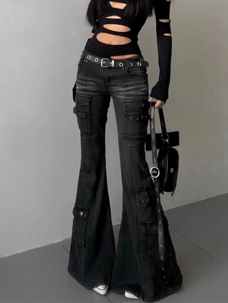 Women Dark Academia Gothic Grunge Low Waisted Cargo Flare Denim Pants Japanese Abi Y2k Harajuku Bell-Bottom Jeans Goblin Core