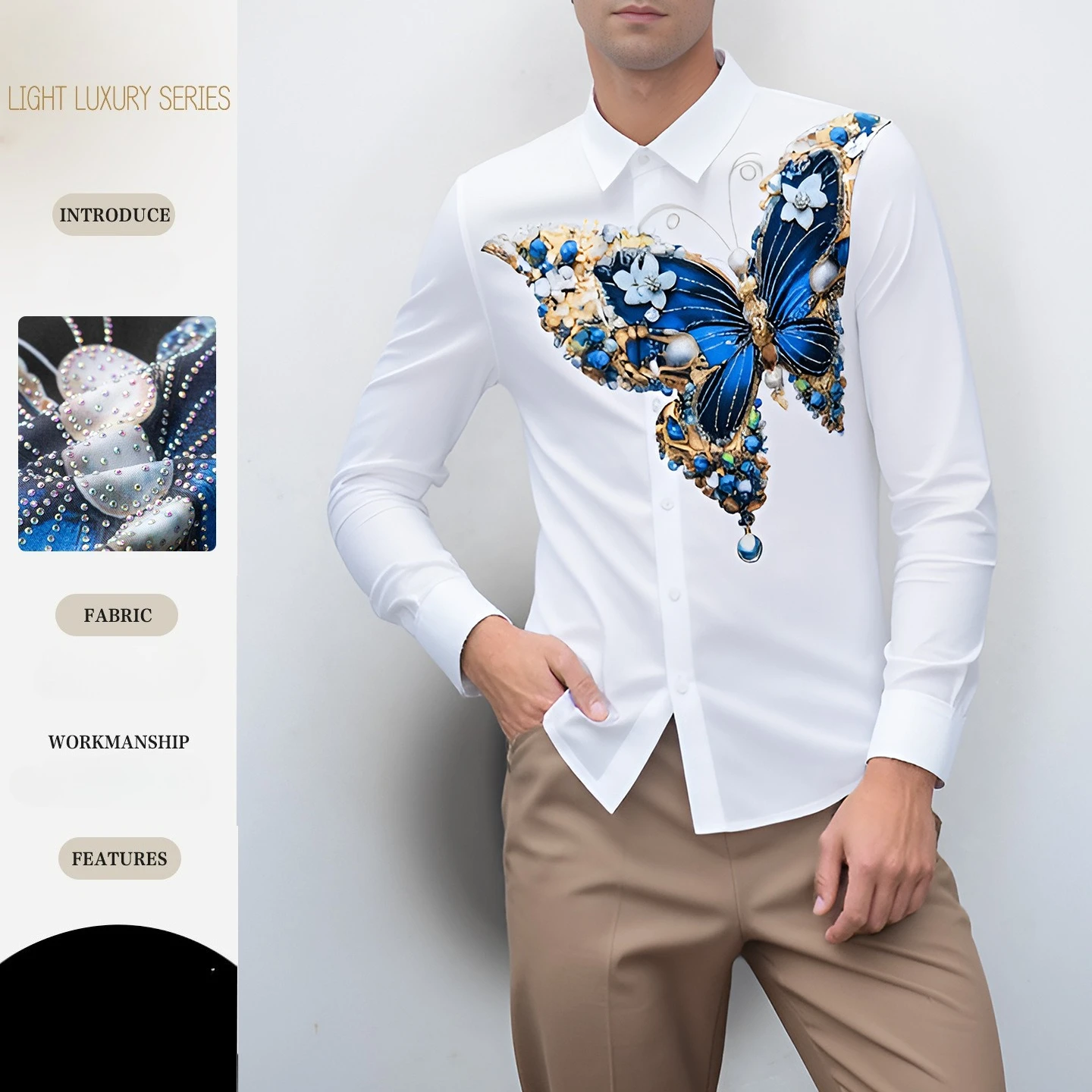 Luxury Rhinestone Shirt for Men Printed High-quality 3D Butterfly Print Long Sleeved Casual Shirts Business Social Party Blouse