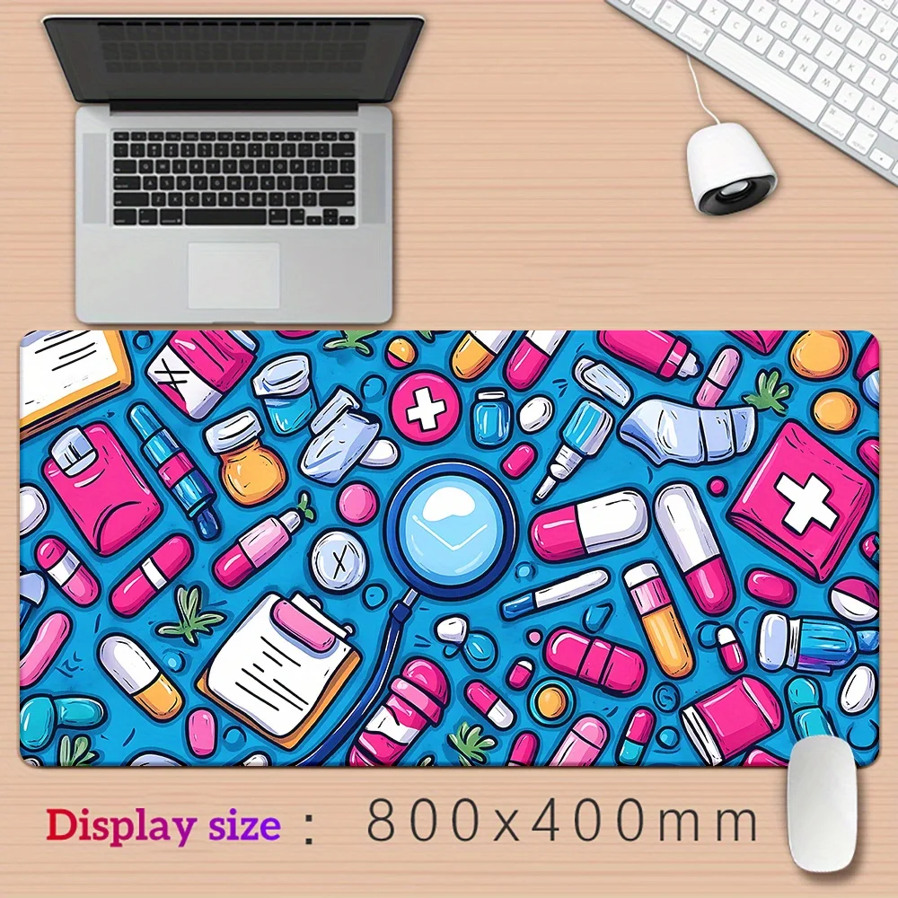 Medical Cartoon Pills Syringes Desk Mat Vibrant Non-Slip Rubber Mouse Pad For Healthcare Workers Office