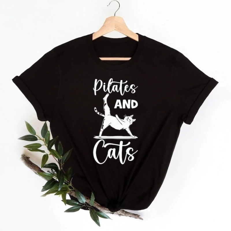 Pilates and Cats T-Shirt  Funny Cat Yoga Workout Tee Pilates Lover TeeFunny Fitness Cotton Tops All Seasons Casual Comfortable