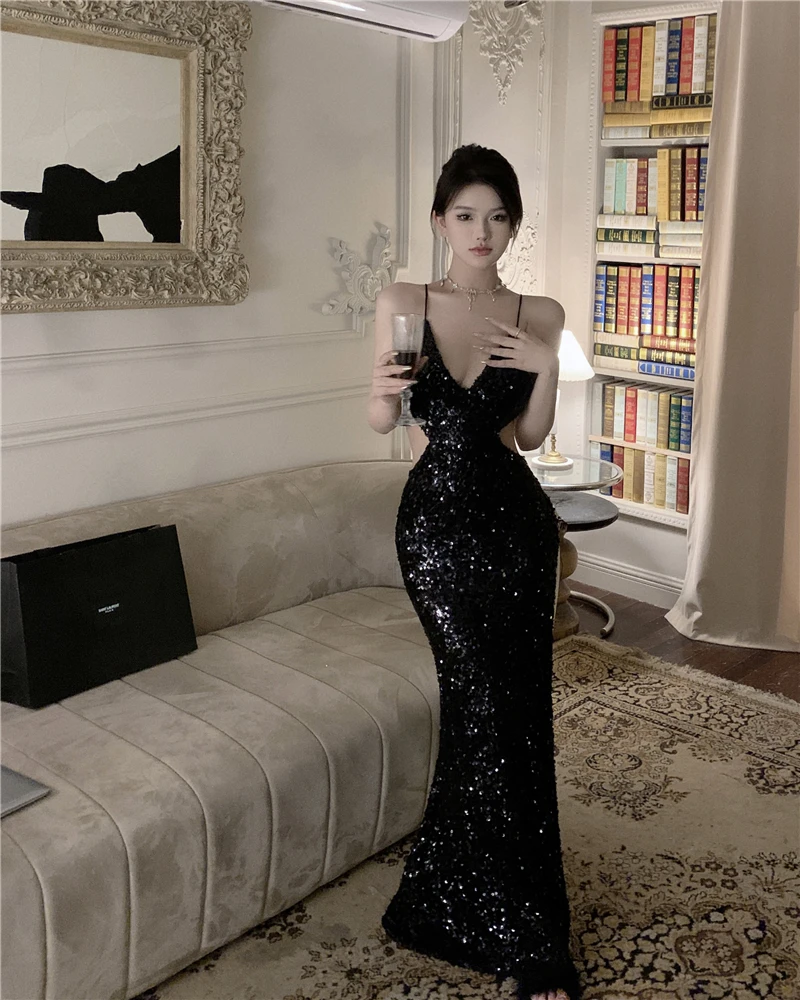 

Summer Sexy Backless Black Long Dresses for Women New Elegant Hollow Out Bodycon Evening Party Prom Sequin Female Clothing Robe