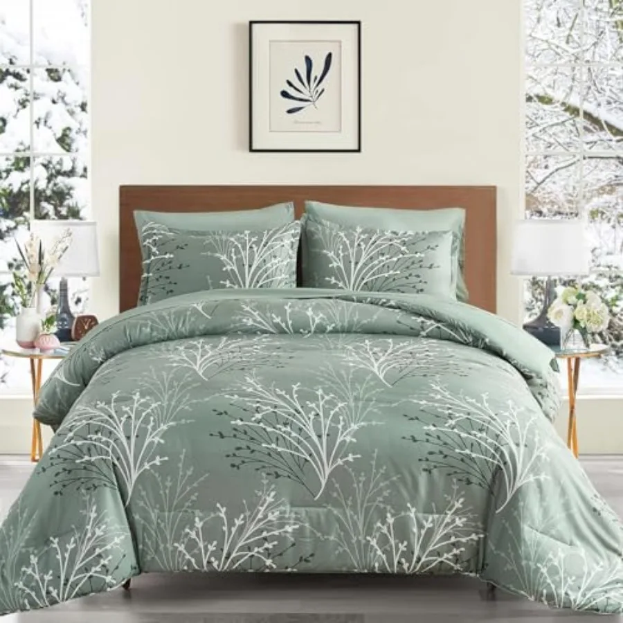 Comforter Set Size Branch Botanical 7 Pcs Bed in a Bag Light Floral Bedding Sets Soft Microfiber Branches Leaves Pattern Revers