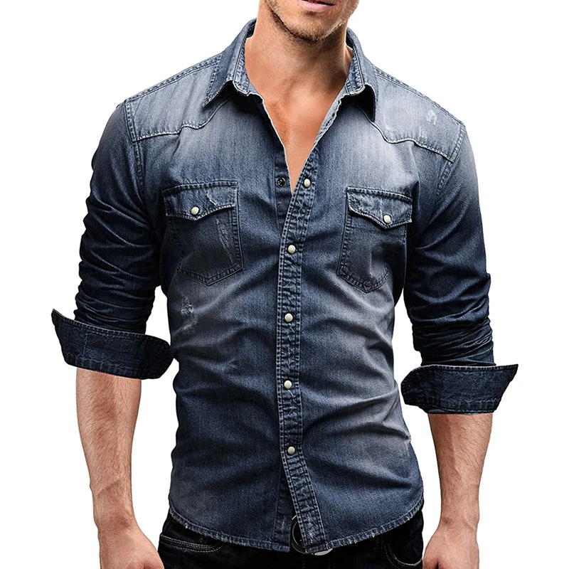 

Men Spring Autumn Casual Distressed Denim Shirt Solid Color Long Sleeve Lapel Denim Top Button Shirt For Party