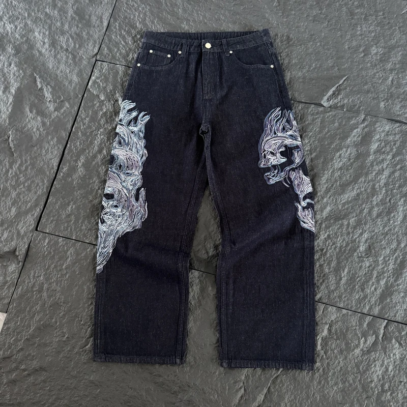 New Arrival Unisex Embroidered Street Jeans Raw Dark Denim Skull Beast Art Embroidery Loose Wide‑Leg Casual Pants