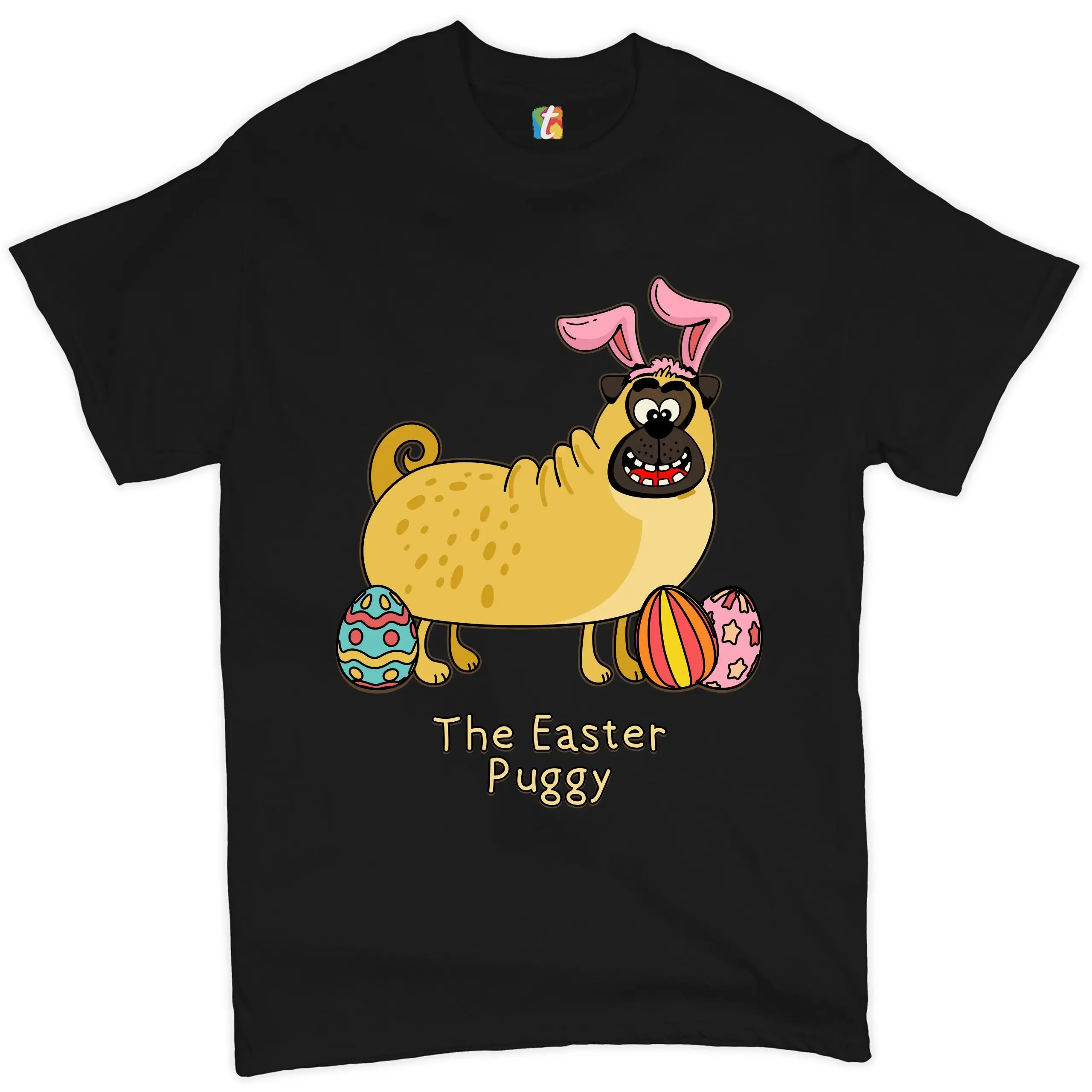 The Easter Puggy T shirt Cute Pug with Bunny Ears Eggs Happy Egg Hunt Jesus Christ Has Risen for Men's