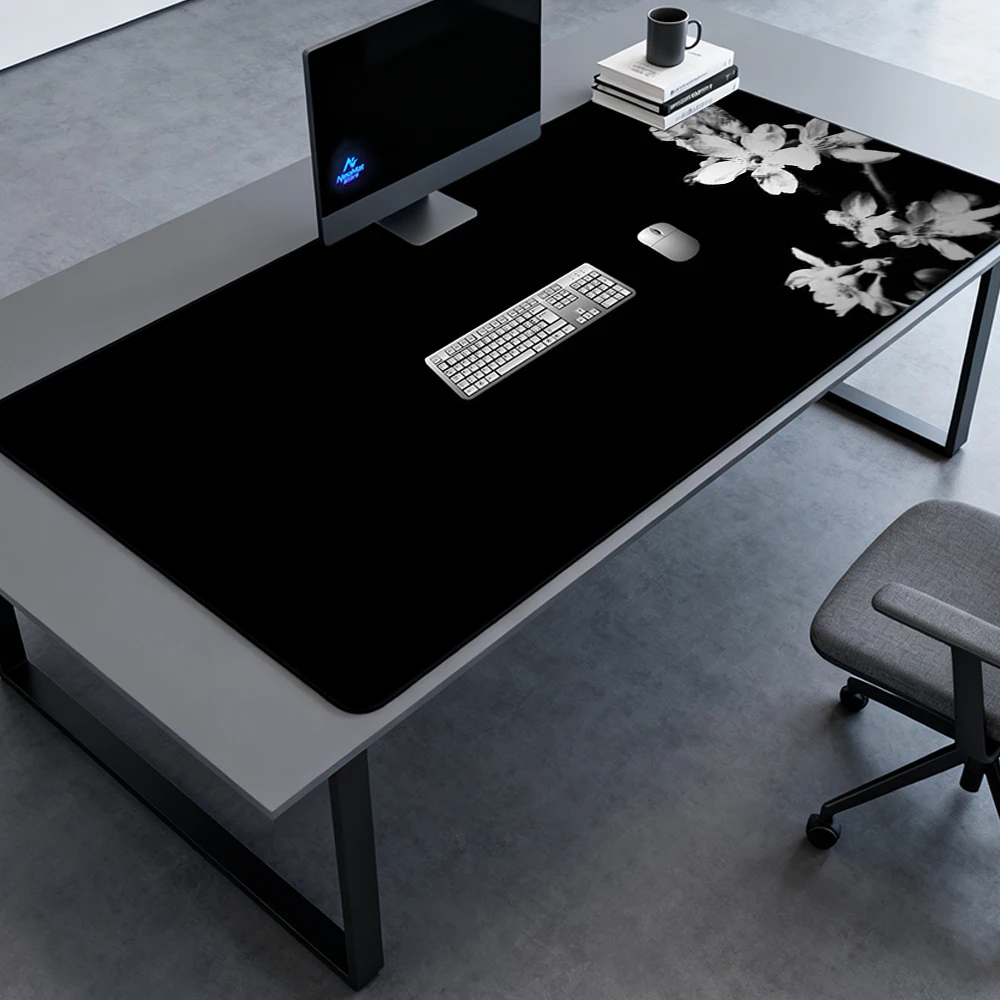 Floral Desk Mat Computer Gaming 180x60 Cherry Blossom Black Mousepad 160x60 Elegant Minimalist White Accessories XXXL