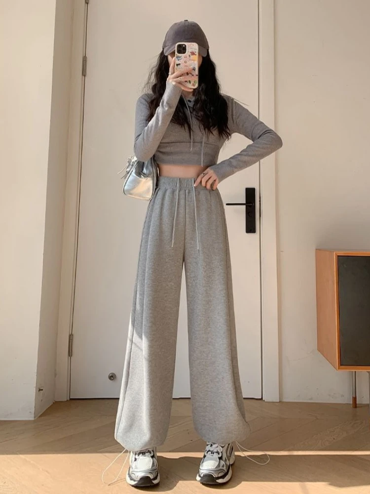 2026 Hot Sale Women White Gray Retro Sweatpants Drawstring Cuffed Wide Leg Loose Casual Pants All Season