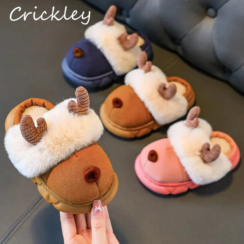 

Cartoon Elk Boys Girls Slippers Winter PU Christmas Children Indoor Shoes Warm Plush Soft Sole Kids Slippers