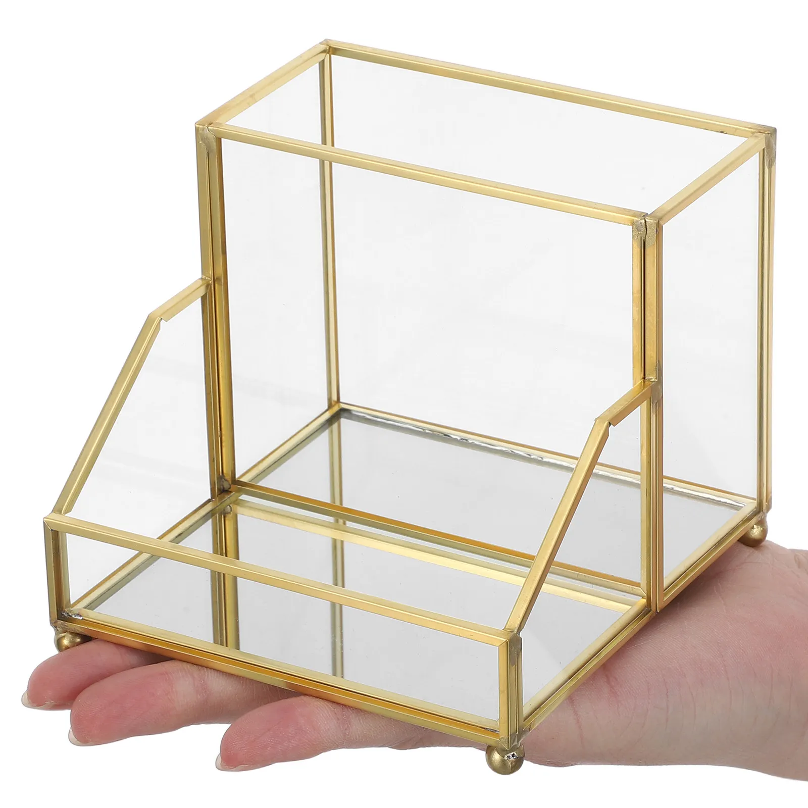 

Name Card Box Organizer Business Card Holder Elegant Golden Edge Frame Vertical Desk Display Stand Clear Storage Container
