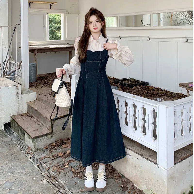 Large Hong Kong Retro Blue Denim Waist Strap Dress For Women Spring Autumn Fashion Flare Sleeve Shirt Sling Denim Dresses