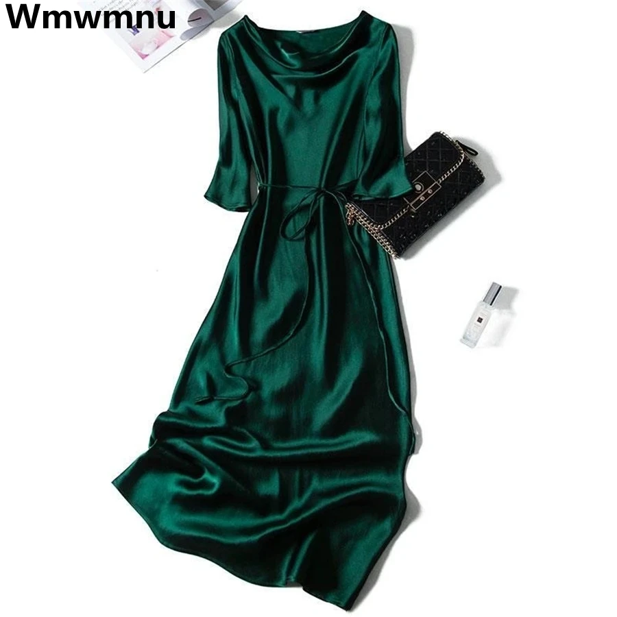 High Quality Women Solid Color Satin Maxi Dress Half Sleeve 2023 Korean Fashion Lady Summer Long Dresses Soft Smooth Vestidos