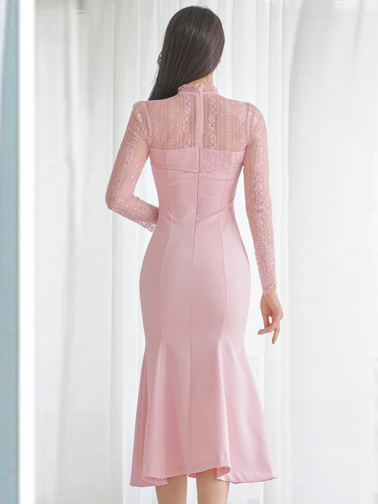 Femmes vêtements dentelle florale pure creux Sexy col montant mince Robe de soirée élégante dames fête d'anniversaire robes Fiesta Robe nouveau