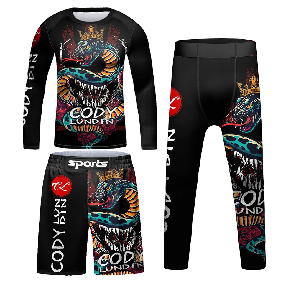 New Jiu Jitsu T-shirt+Pant Rashguard MMA For Kid 4Pcs/set Bjj Boxing Jerseys Children Sport Muay Thai Shorts  Compression Tights