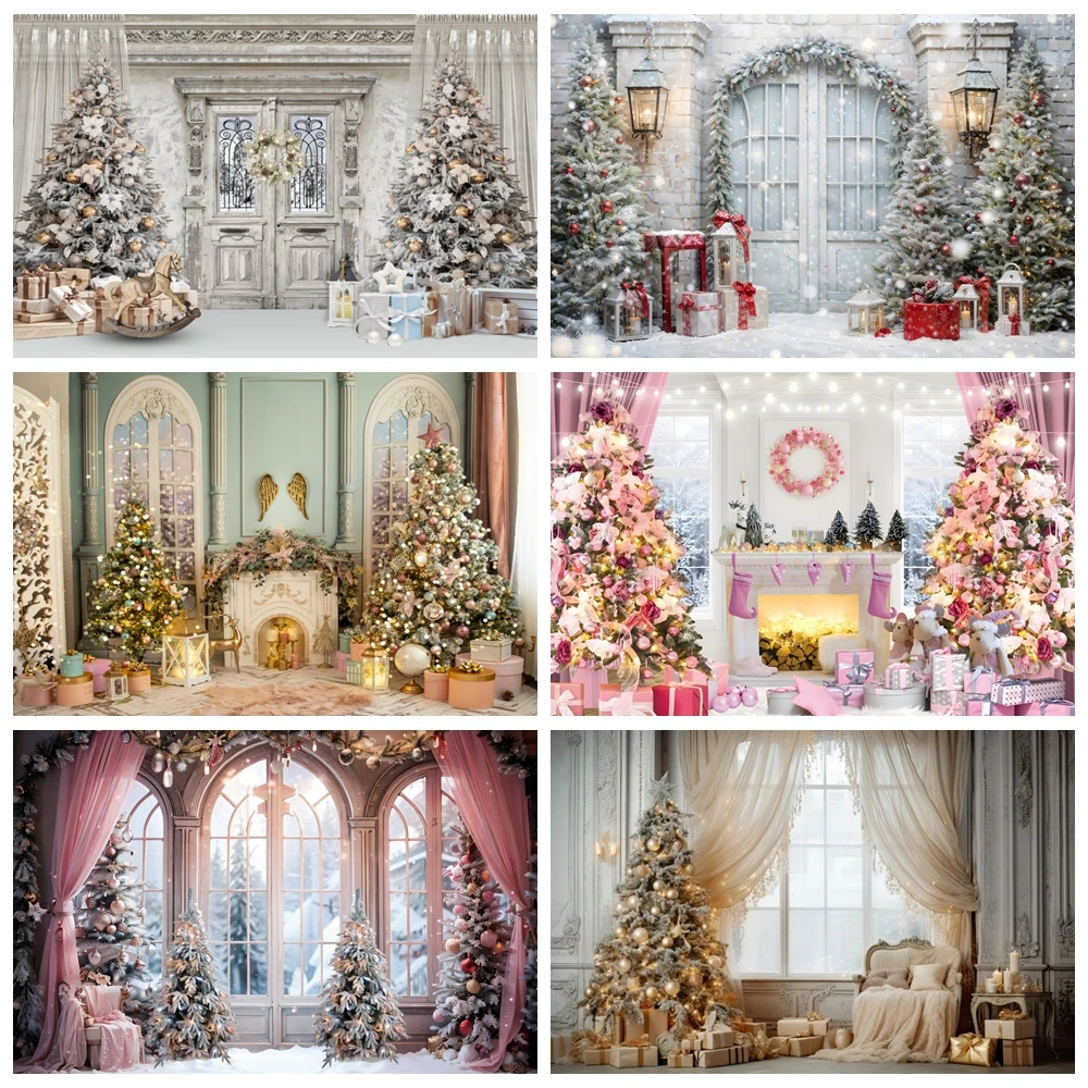 

Merry Christmas Photography Backdrop Winter Xmas Tree Window Fireplace Gift Kid Birthday Family Portrait Background Photo Studio