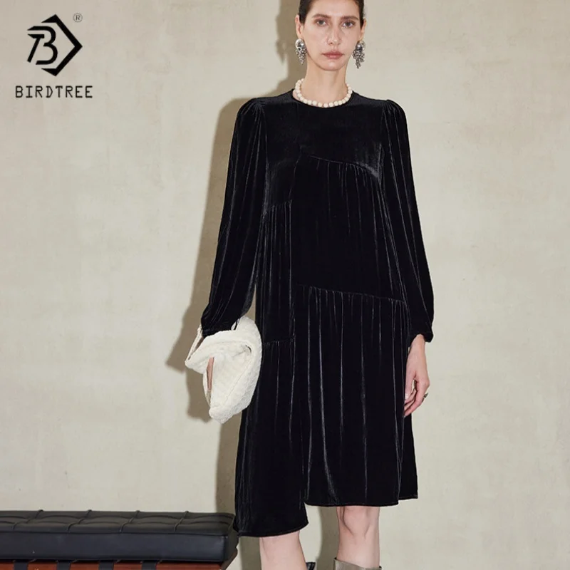 

BirdTree,Base Fabric 100% Silk Velvet Dress,Women Full Sleeve Black Dresses,O-neck,Commuting Style,2025 New D5D814JF