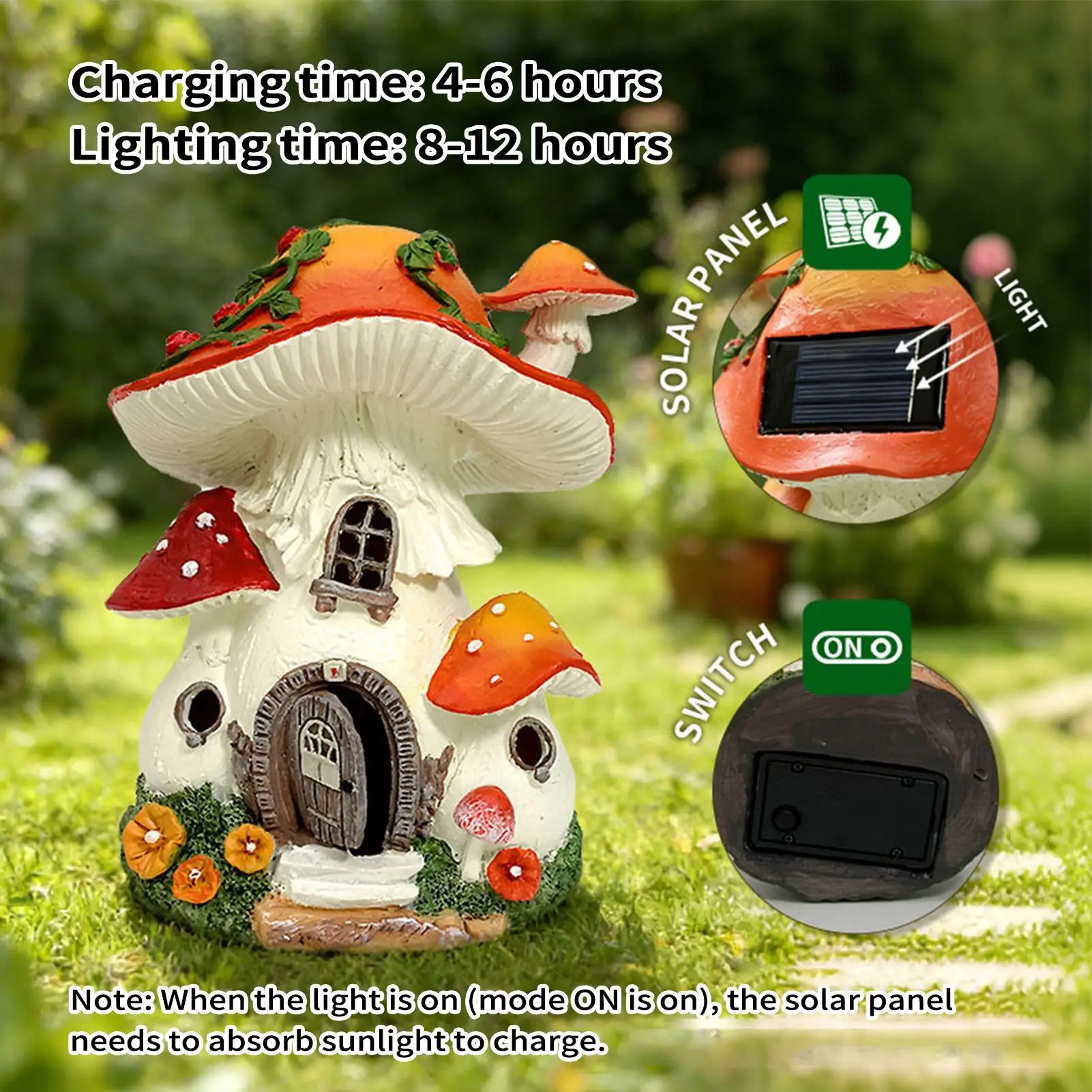 Solar Mushroom Garden Statue Resin Landscape Figurine Lamp Fairy Garden House Outdoor Figurine Lights for Yard Courtyard Patio