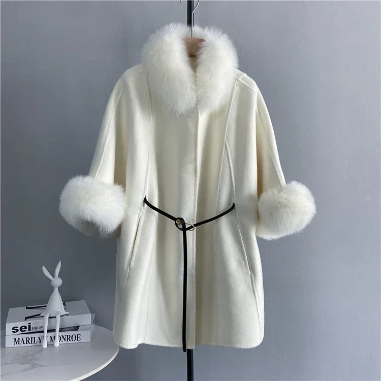 Imagem -06 - High End Dupla Face lã Cashmere Cabolsa Feminino Médio Longo Gola de Pele de Raposa Cabolsa Senhoras Estilo Coreano Outono Inverno Outwear Fcy