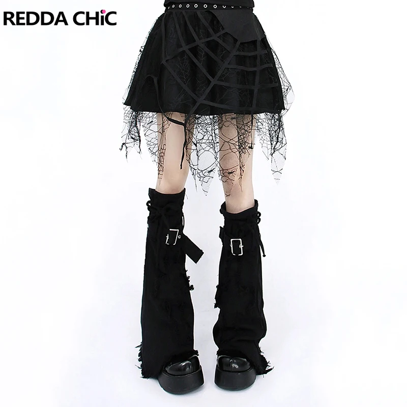 

REDDACHiC Acubi Fashion Cross Stitch Black Leg Warmers Women Bandage Denim Ripped Frayed Boots Cover Knee Long Socks Y2k Clothes