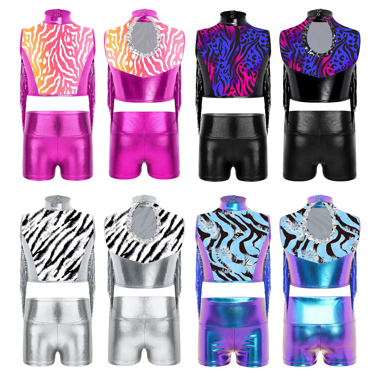 Girls Ballet Jazz Dance Costumes Gymnastics Performance Outfit Keyhole Back Zebra Stripe Metallic Tassel Crop Top and Shorts