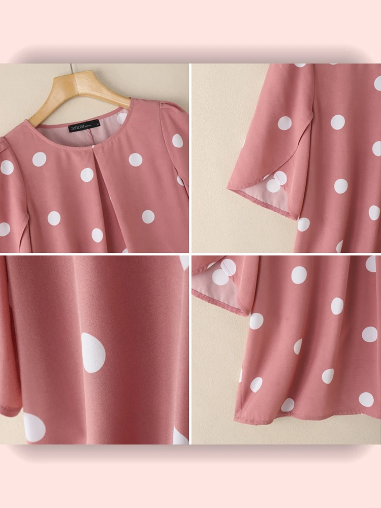 เสื้อผู้หญิงลายจุดสุดหรู ฤดูร้อน 2025 สไตล์ลำลอง คอกลม แขนครึ่งกลีบดอกไม้ จับจีบกลับด้าน เสื้อท็อป ZANZEA เสื้อผ้าผู้หญิง ไซส์ 3XL