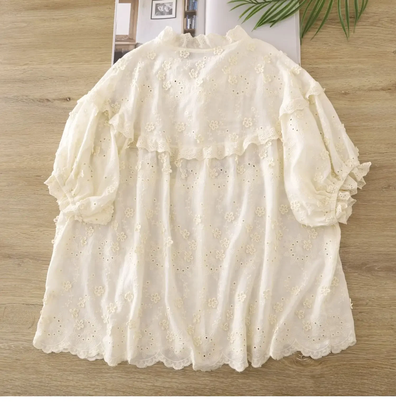 Summer Female Rococo Style Sweet Floral Embroidery Puff Sleeve Shirt Vintage Retro Cotton Ruffled Lace Cottagecore White Blouse