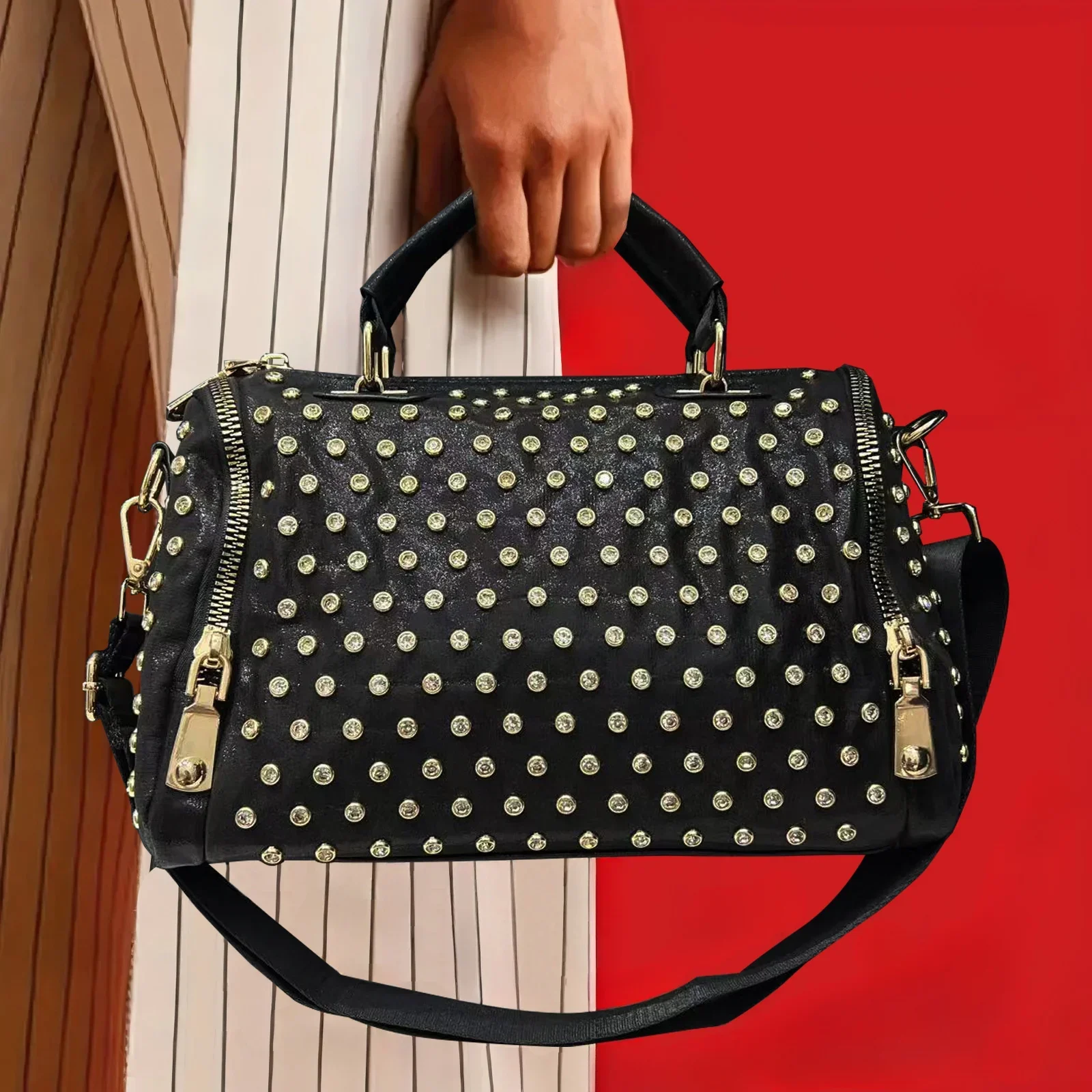 

Ladies' fashionable and gorgeous diamond studded nylon tote bag with leopard pattern and full diamond cylindrical rhinestone bag