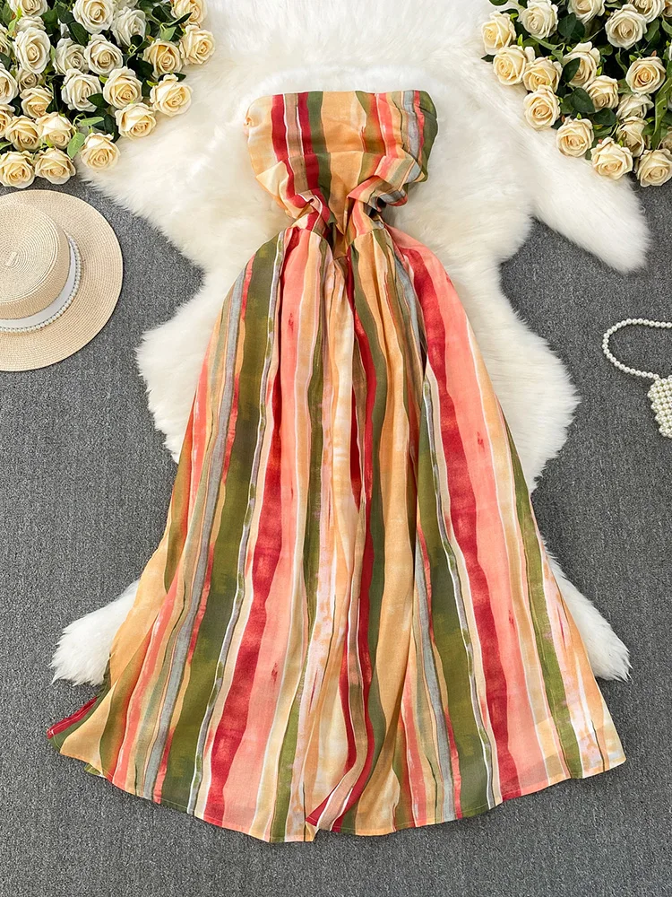 

Женское летнее платье в стиле ретро, элегантное темпераментное платье на одно плечо без бретелек, шикарное полосатое платье с завязкой на талии DS195