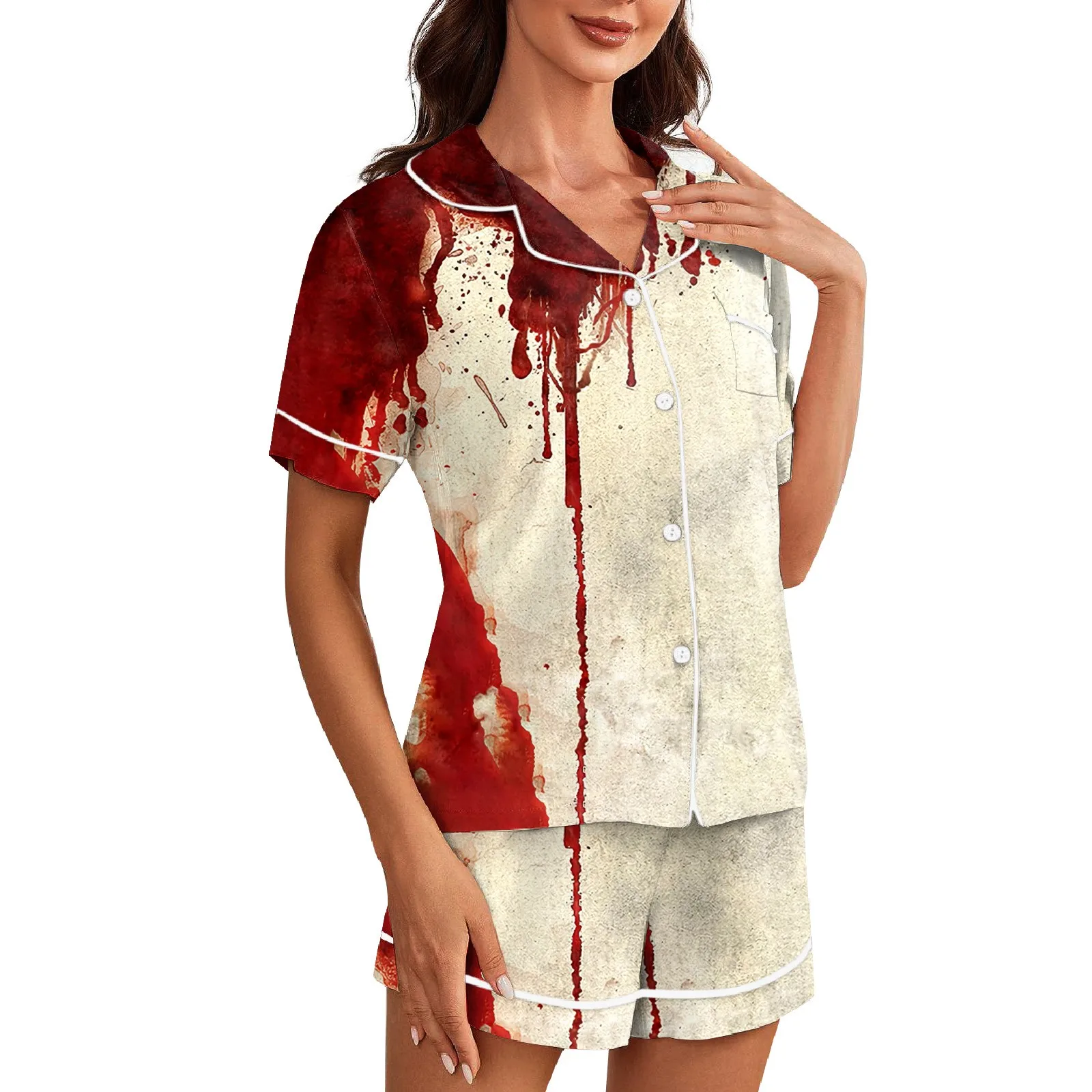 

Women's Halloween Blood Printed Pajama Set With Short Sleeved Top And Shorts Summer Tie Dye Fashion Comfortable Sleepwear Set