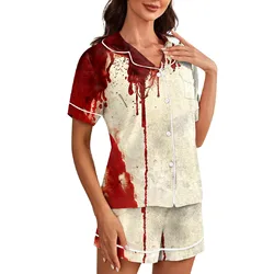 Women's Halloween Blood Printed Pajama Set With Short Sleeved Top And Shorts Summer Tie Dye Fashion Comfortable Sleepwear Set