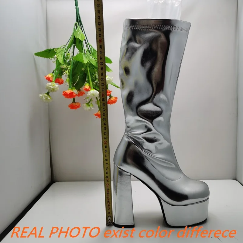 SIMLOVEYO 14cm Block Heel 5cm Platform Knee Boots Round Toe Faux Leather Silver Big Size 43 44 45 46 47 48 US16 US17